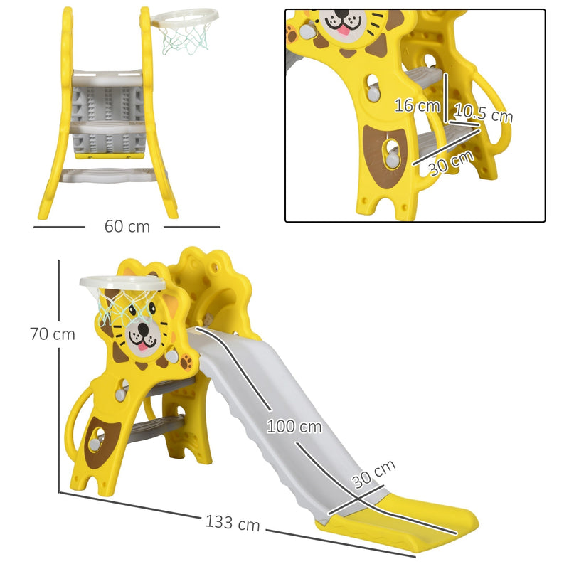 Dimension diagram of the yellow Aiyaplay slide showing 70 cm height and 133 cm length