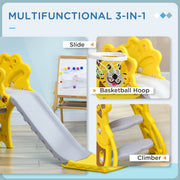 Multifunctional view of the yellow slide showing the basketball hoop and climbing steps