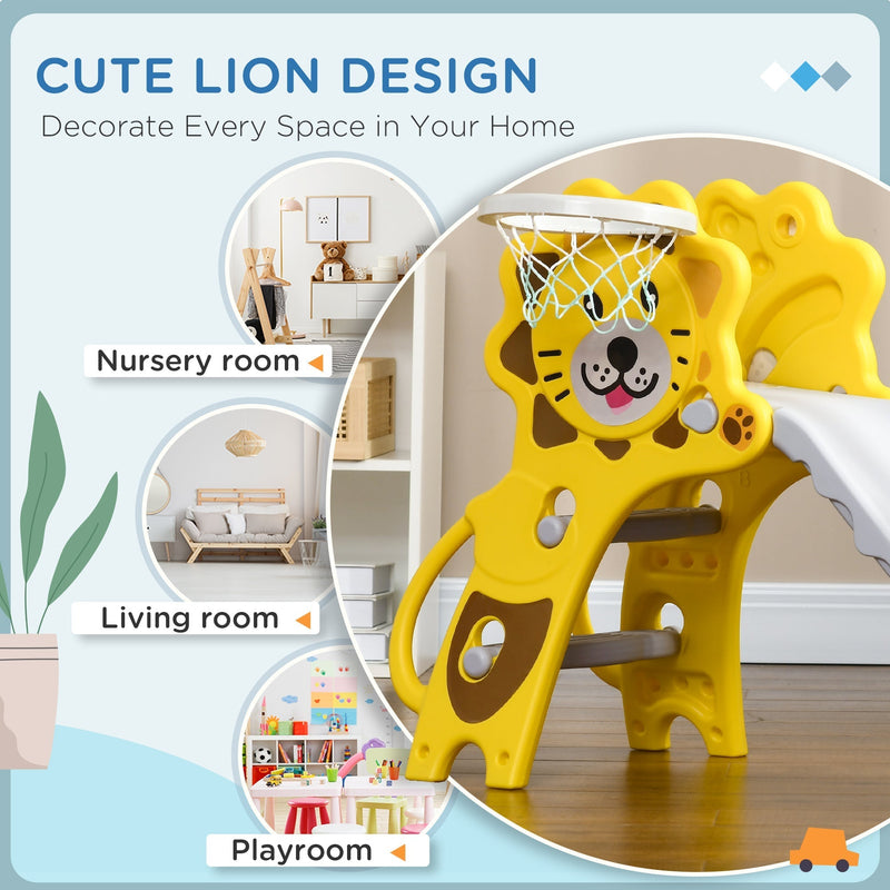 Yellow Aiyaplay lion slide shown in a nursery, living room and playroom setting