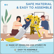 Illustration of a family assembling the yellow Aiyaplay slide without tools