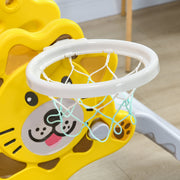 Close-up of the yellow Aiyaplay slide's basketball hoop and net