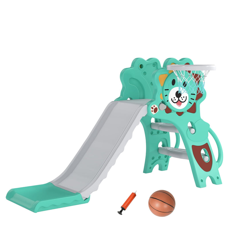 Aiyaplay blue lion-themed kids slide with basketball hoop, ball and pump, studio shot