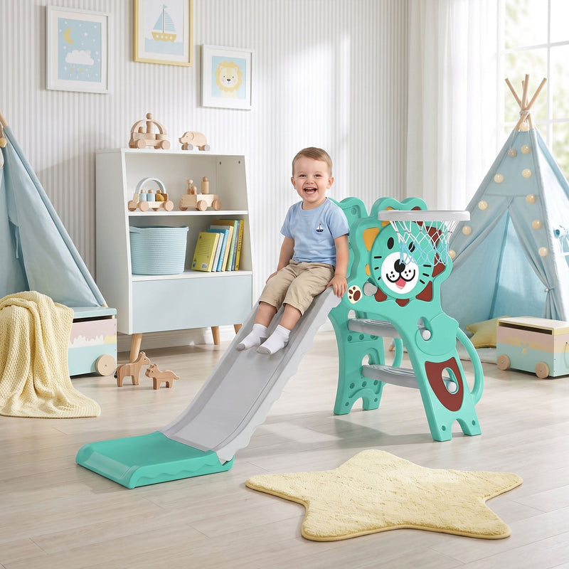 Toddler sliding down the blue Aiyaplay lion slide in a nursery-style playroom