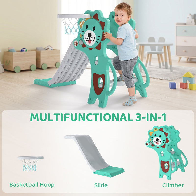 Toddler climbing the ladder on the blue Aiyaplay 3-in-1 slide, hoop and climber icons below