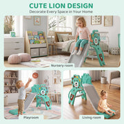 Blue Aiyaplay lion slide shown in a nursery, playroom and living room setting