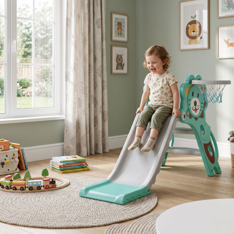 Girl sliding down the blue Aiyaplay slide in a bedroom with a play rug