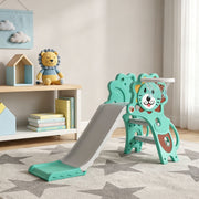 Assembled blue Aiyaplay lion slide standing in a child's bedroom with toys nearby