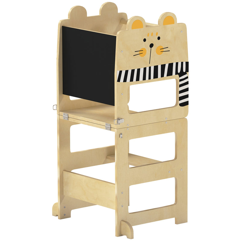 Aiyaplay cat-shaped step stool with chalkboard, natural wood, studio shot