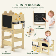 3-in-1 design diagram showing step stool, chalkboard and desk-and-chair conversion