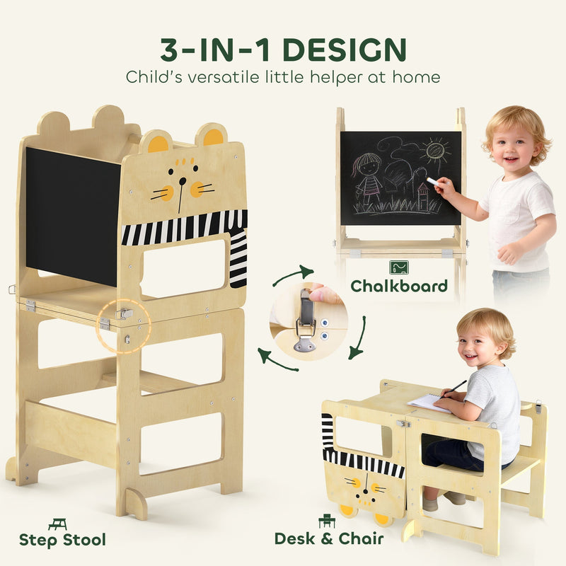 3-in-1 design diagram showing step stool, chalkboard and desk-and-chair conversion