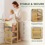 Mother helping a toddler wash an apple at the counter, trapezoid frame and secure handrail shown