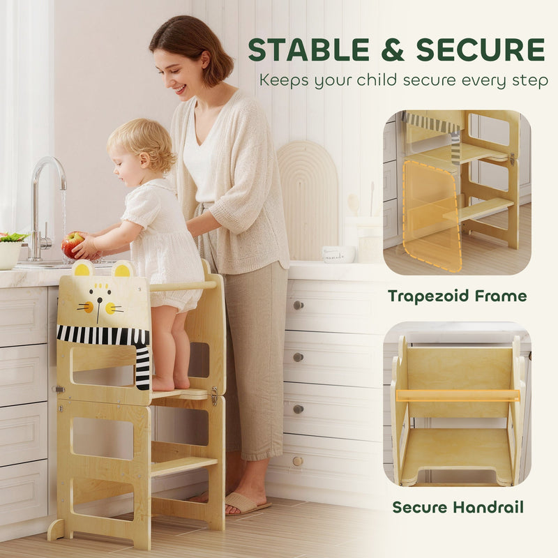 Mother helping a toddler wash an apple at the counter, trapezoid frame and secure handrail shown