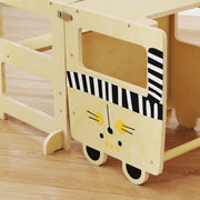 Close-up of the cat face design and striped panel on the step stool