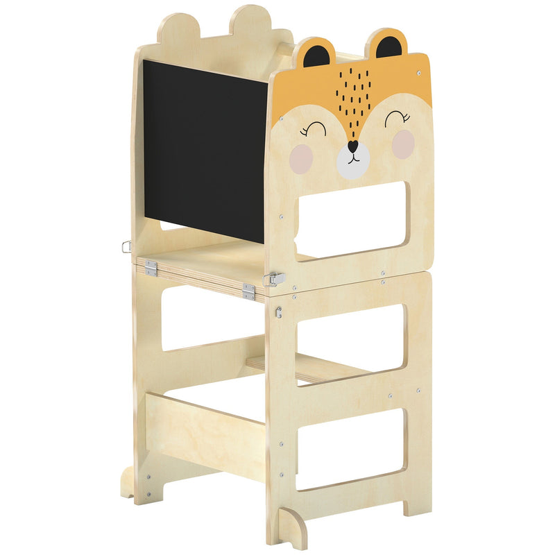 AIYAPLAY fox-shaped toddler step stool with chalkboard, natural plywood, studio shot