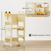 Dimensions diagram: 93H x 57L x 39W cm step stool mode, 78L x 42W x 46.8H cm desk and chair mode, 30 kg weight capacity