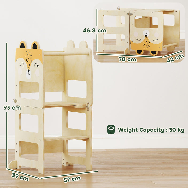 Dimensions diagram: 93H x 57L x 39W cm step stool mode, 78L x 42W x 46.8H cm desk and chair mode, 30 kg weight capacity