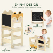 3-in-1 design graphic showing step stool, chalkboard and desk-and-chair modes