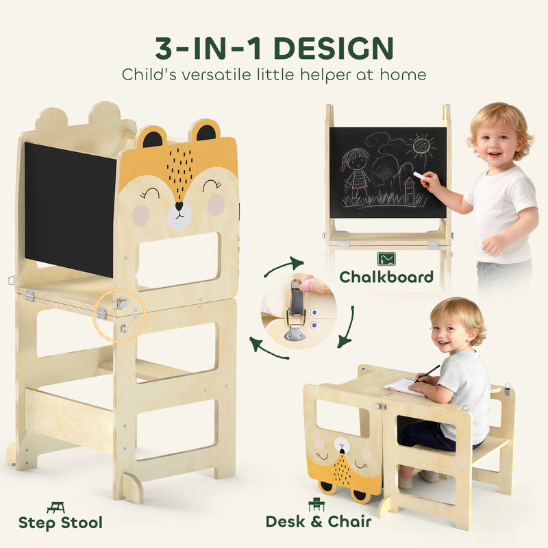 3-in-1 design graphic showing step stool, chalkboard and desk-and-chair modes