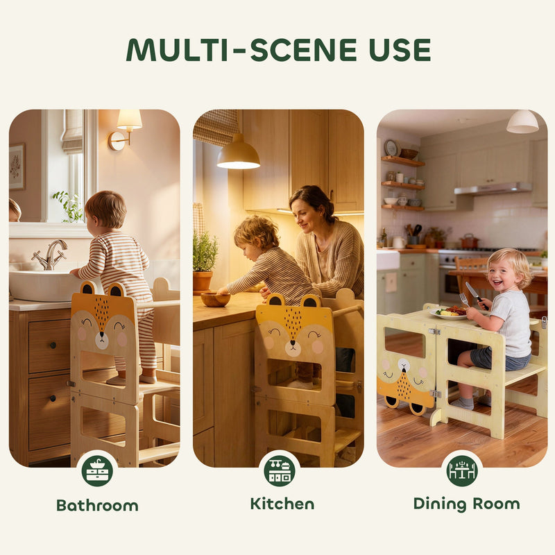Multi-scene use graphic showing the step stool in a bathroom, kitchen and dining room