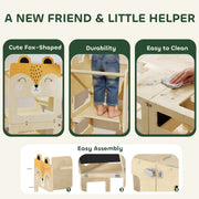 Fox-shaped design, durability and easy-clean features with assembly steps shown