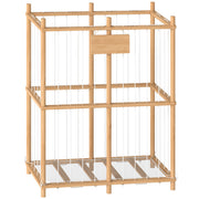 Wooden stuffed animal storage frame with elastic cords on a white background