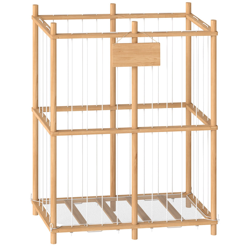 Wooden stuffed animal storage frame with elastic cords on a white background