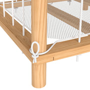 Close-up of a corner post, leg and white elastic cord knot on the frame
