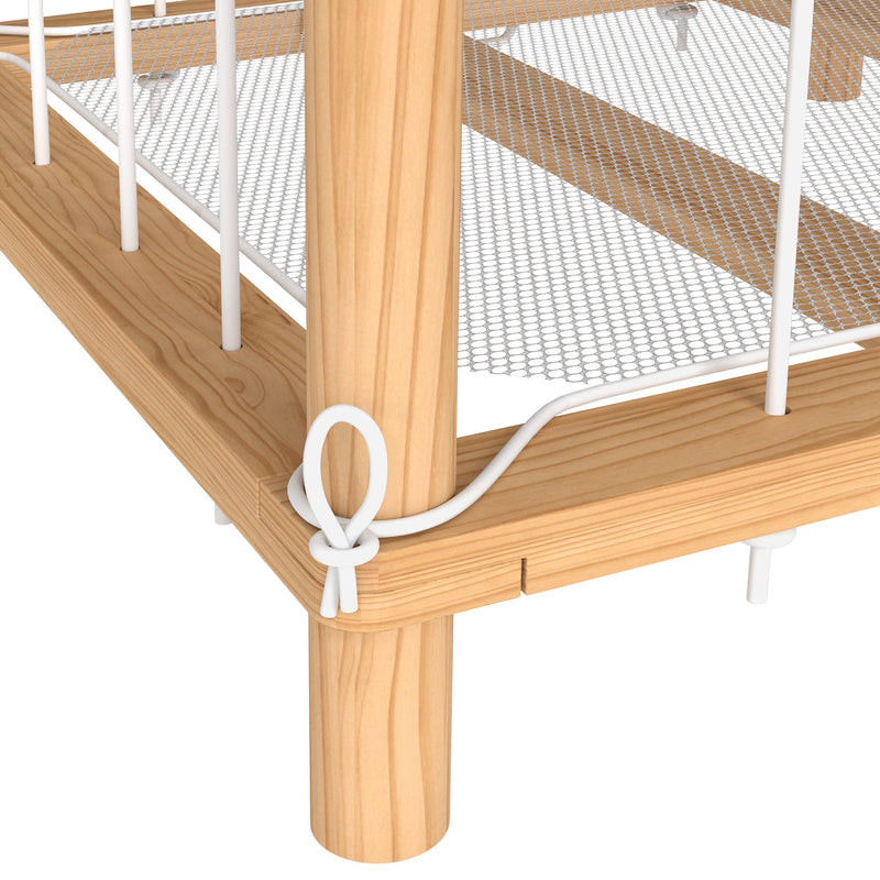 Close-up of a corner post, leg and white elastic cord knot on the frame