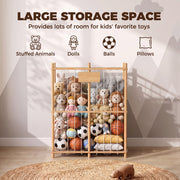 Large storage space graphic showing stuffed animals, dolls, balls and pillows inside the frame