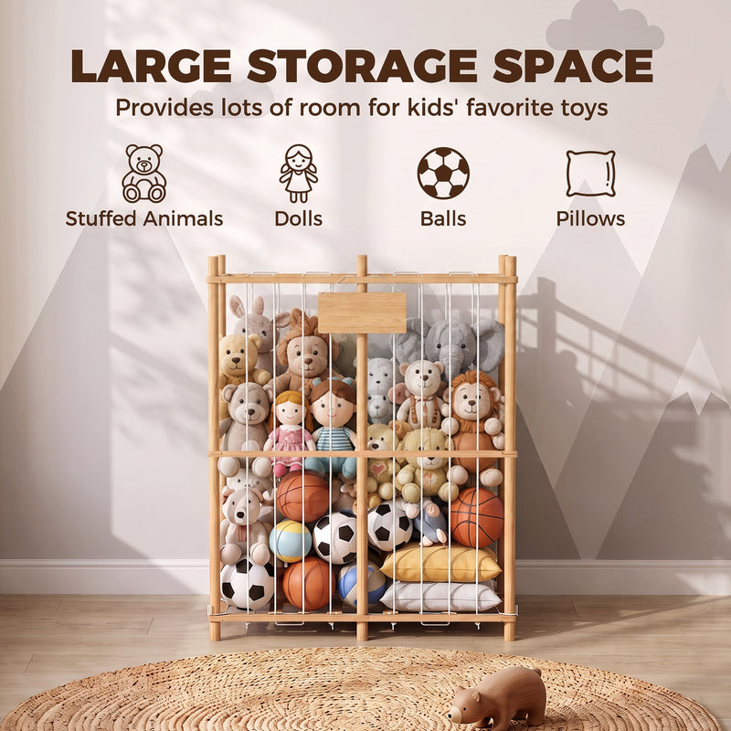 Large storage space graphic showing stuffed animals, dolls, balls and pillows inside the frame