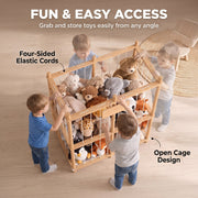 Children reaching into the open cage from different sides through 4-sided elastic cords