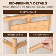 Kid-friendly details panel showing solid pine wood, rounded corners and a smooth surface