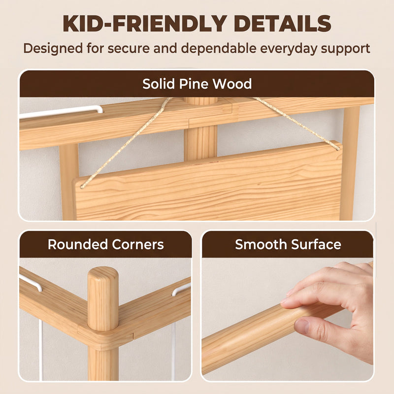 Kid-friendly details panel showing solid pine wood, rounded corners and a smooth surface