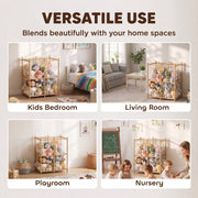Collage of the storage frame in a kids bedroom, living room, playroom and nursery