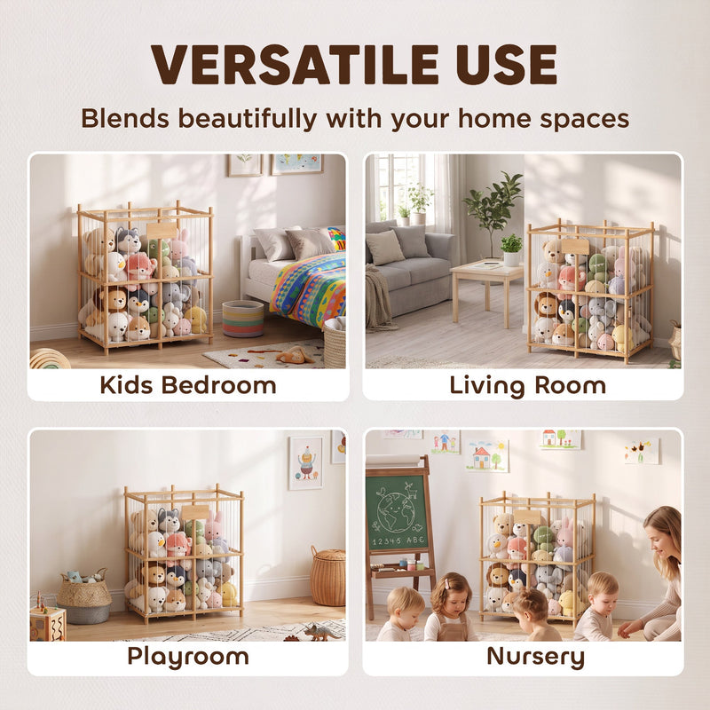 Collage of the storage frame in a kids bedroom, living room, playroom and nursery
