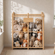 Storage frame packed with plush toys against a bright wall