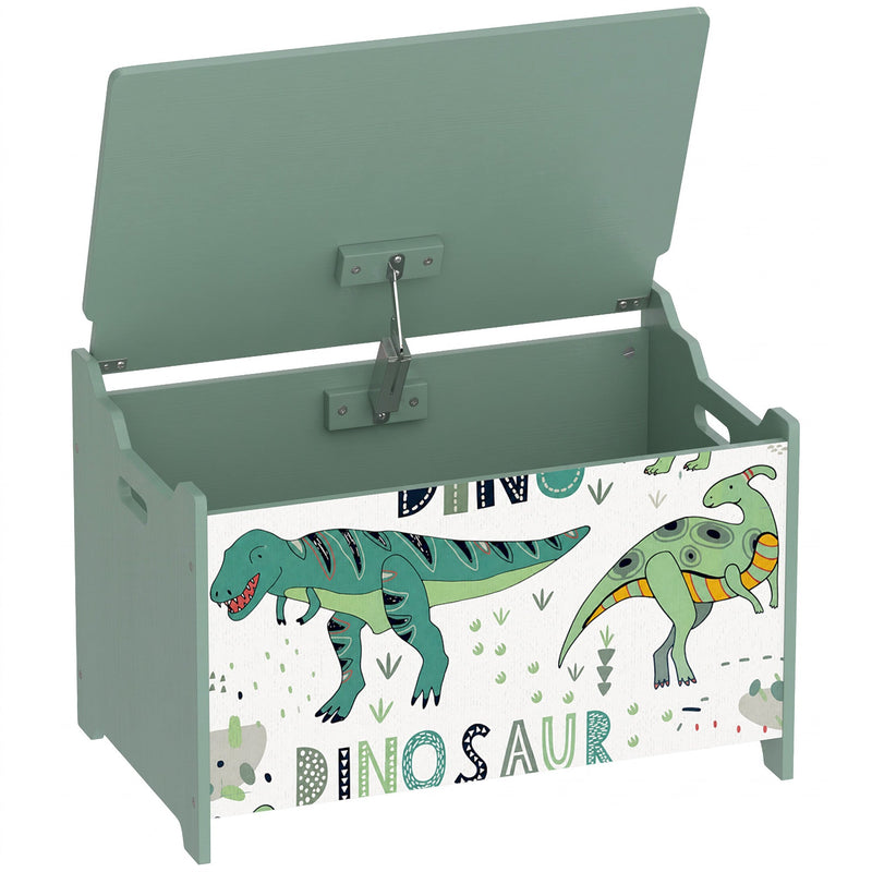 Green dinosaur print kids toy chest with the flip-top lid open on a white background