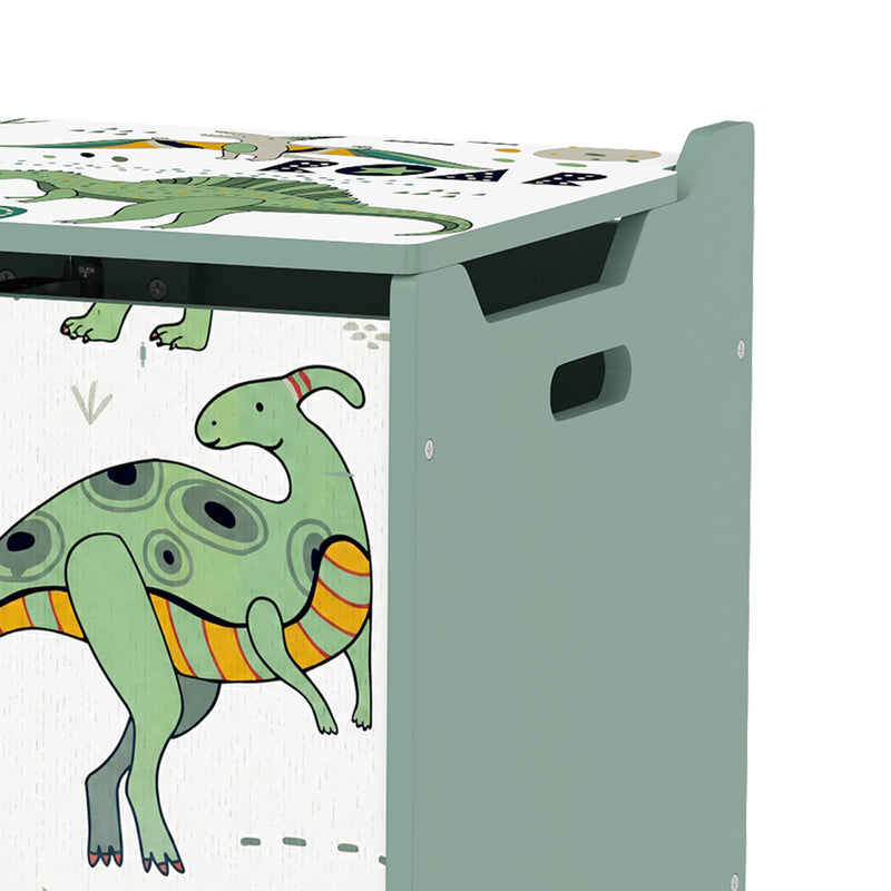 Side view of the green toy chest showing the cut-out handle and rounded edge