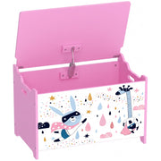 Pink character print kids toy chest with the flip-top lid open on a white background