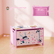 Dimensions diagram of the pink toy chest with 57 cm internal width