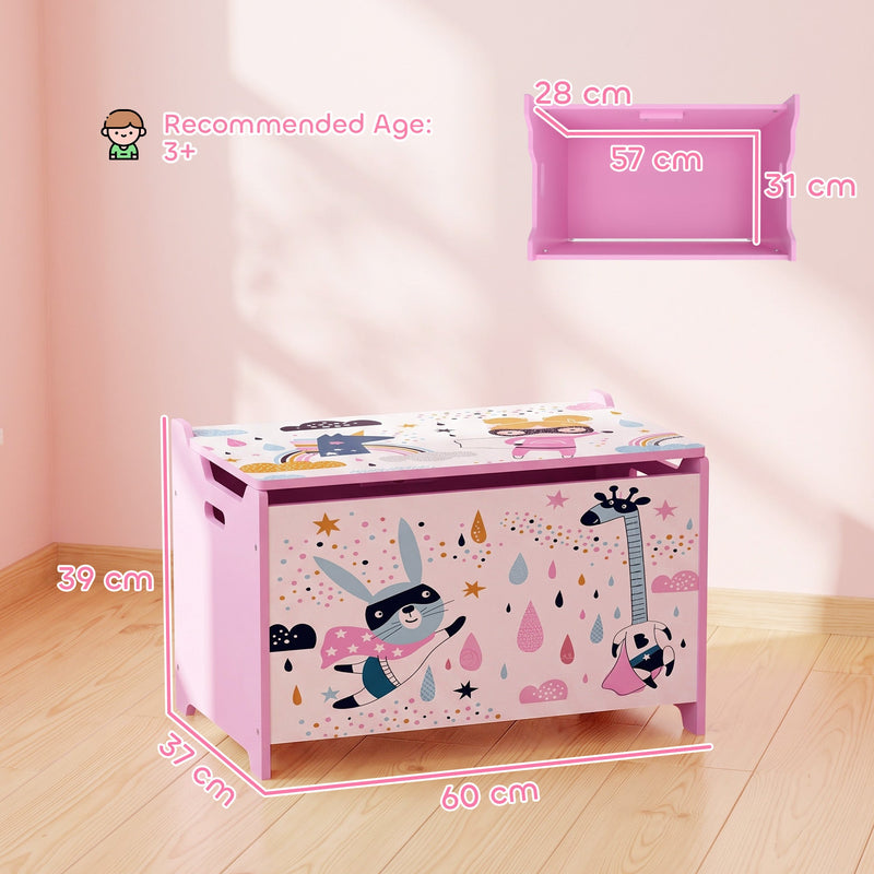 Dimensions diagram of the pink toy chest with 57 cm internal width