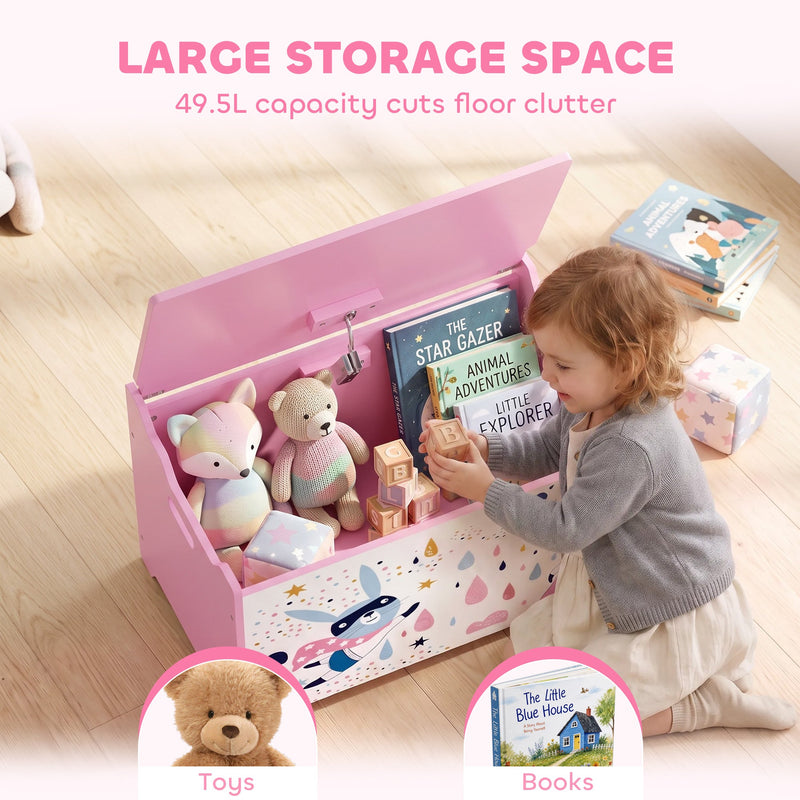 Large 49.5 L storage graphic with a child holding a book by the pink toy chest