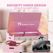 Security hinge graphic showing the pink chest lid opening to 75 degrees