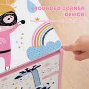 Close-up of the rounded corner and character print on the pink toy chest lid