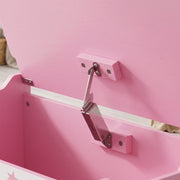 Close-up of the security hinge supporting the open lid of the pink toy chest