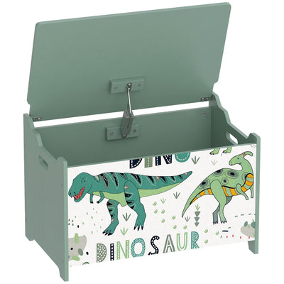 Green dinosaur print kids toy chest with the flip-top lid open on a white background