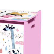 Side view of the pink toy chest showing the cut-out handle and giraffe print