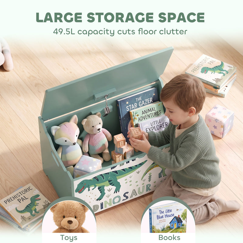Large 49.5 L storage graphic with a child taking a book from the green toy chest