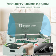 Security hinge graphic showing the green chest lid opening to 75 degrees with anti-pinch structure