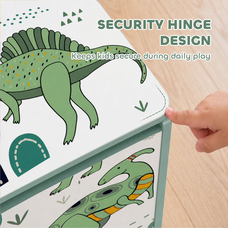 Finger pointing at the dinosaur print on the lid edge of the green toy chest